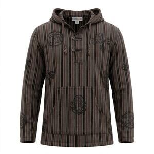 EzHippie Brown Striped Ganesha Print Hooded Pullover Sweater Women Size M
